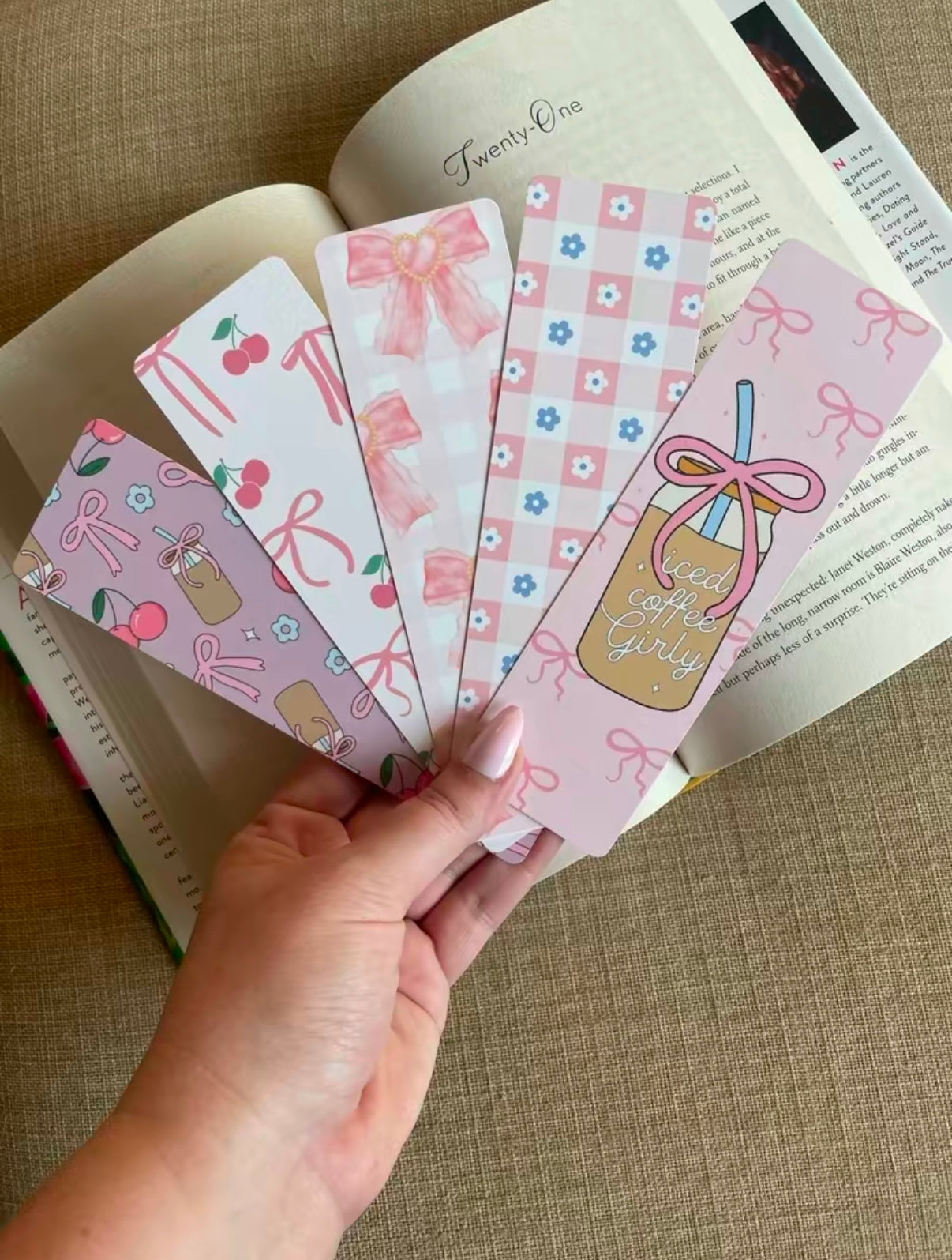 Pink Coquette Bows Bookmark Collection - Gingham, Coffee, Cherries, Bows