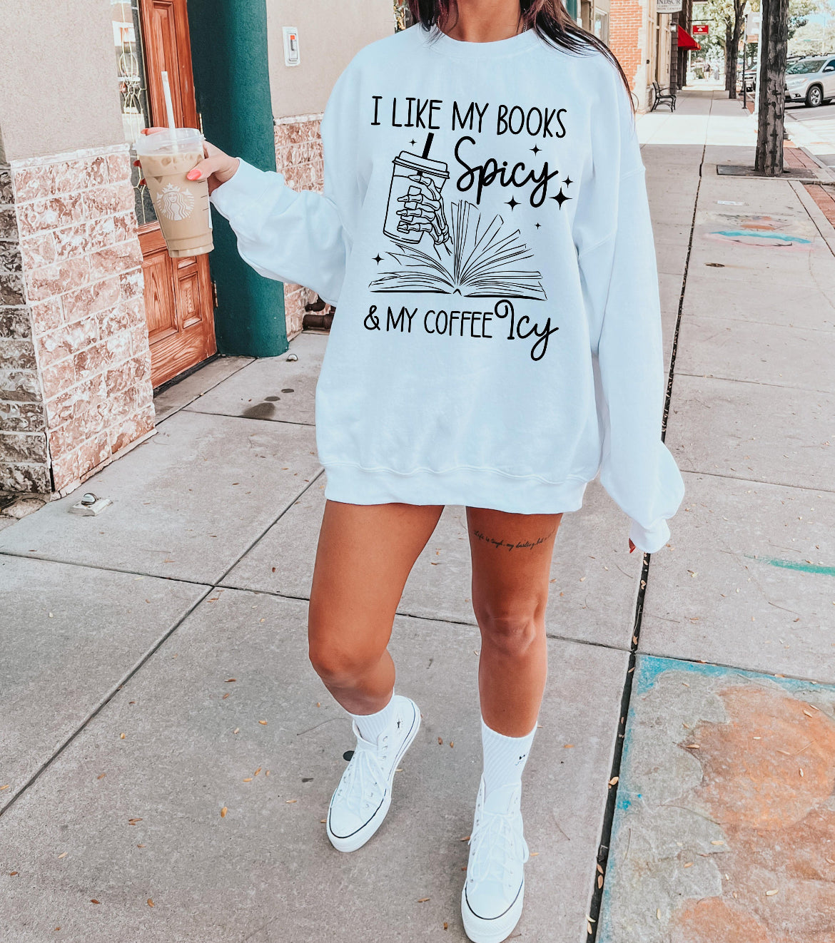 I like my books spicy & my coffee icy bookish smut graphic t-shirt or oversized sweatshirt