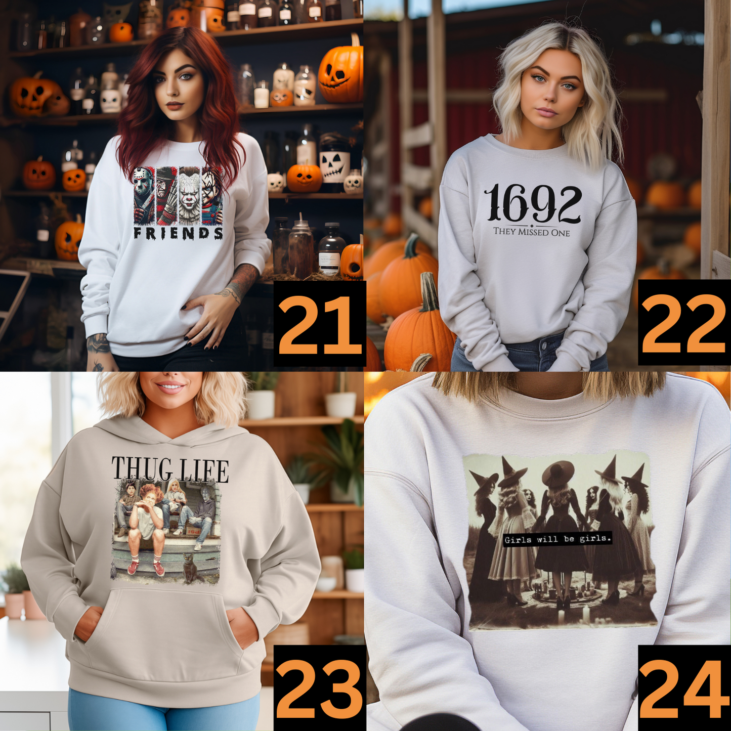 Spooky Halloween Horror Collection 24 Different Halloween Season Inspired Graphic T-Shirts | Crewneck Fleece Sweatshirts | Long Sleeve T-Shirts | Hoodies