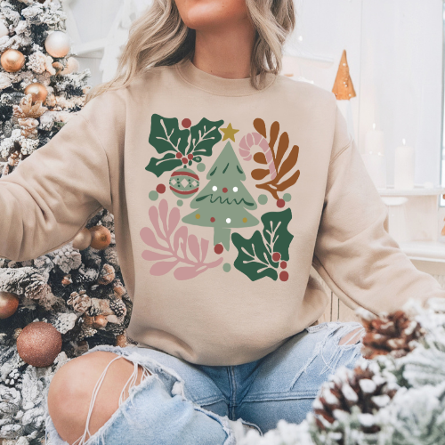 Boho Floral Winter Leaves Christmas Tree Sweatshirt T-Shirt Hoodie